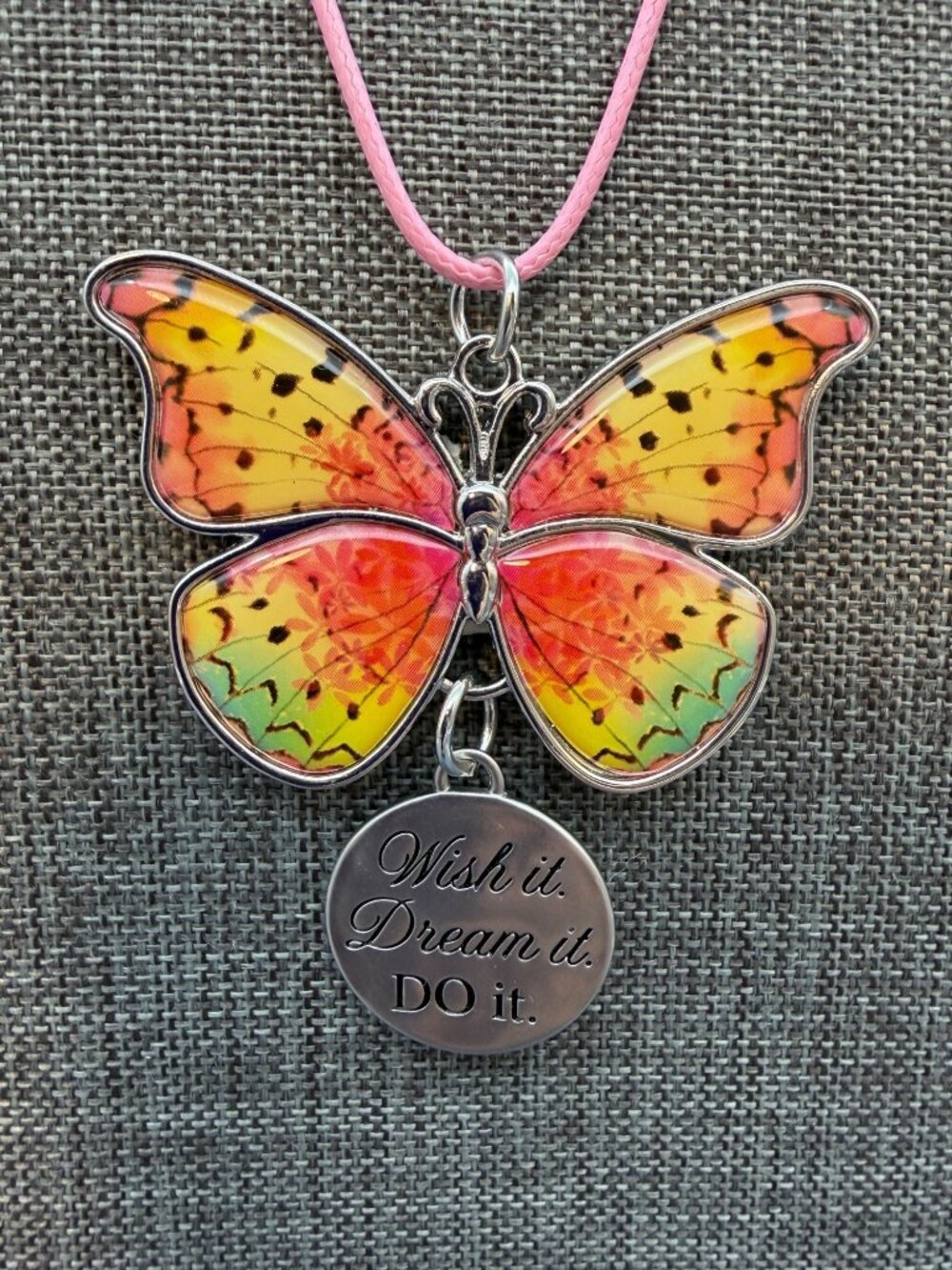 Butterfly Pendant Necklace 18 In Pink Cord Wish It Dream It Do It Silver Charm